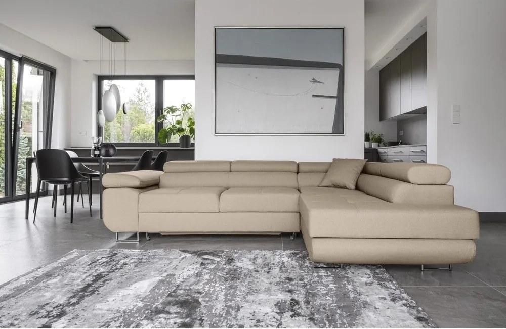 Bézs kinyitható-tárolóhelyes sarokkanapé (jobb oldali-L alakú) Anton – ELTAP