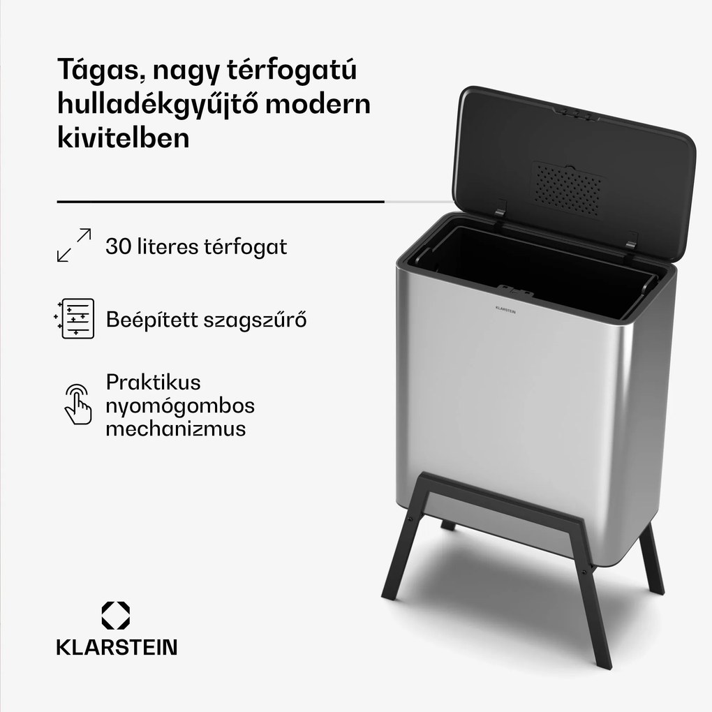 Klarstein Yuma hulladékgyűjtő, 30 l, belső kosár, szagszűrő, lábak, gombbal nyitható