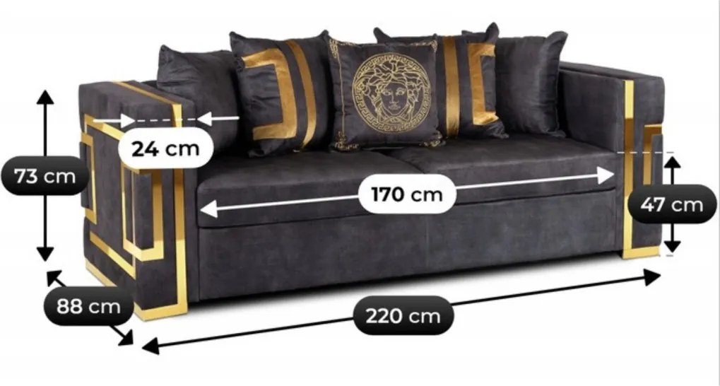 Háromszemélyes kanapé fekete/arany színben. PALLAZO 3S