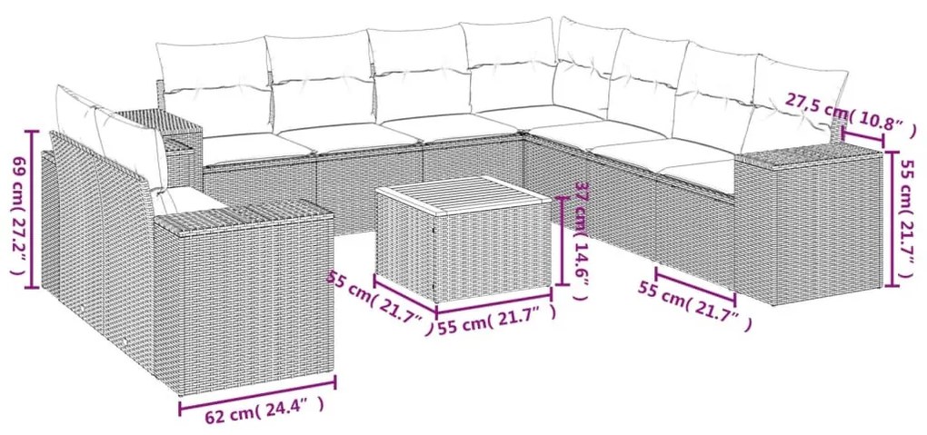 10 részes fekete polyrattan kerti ülőgarnitúra párnákkal