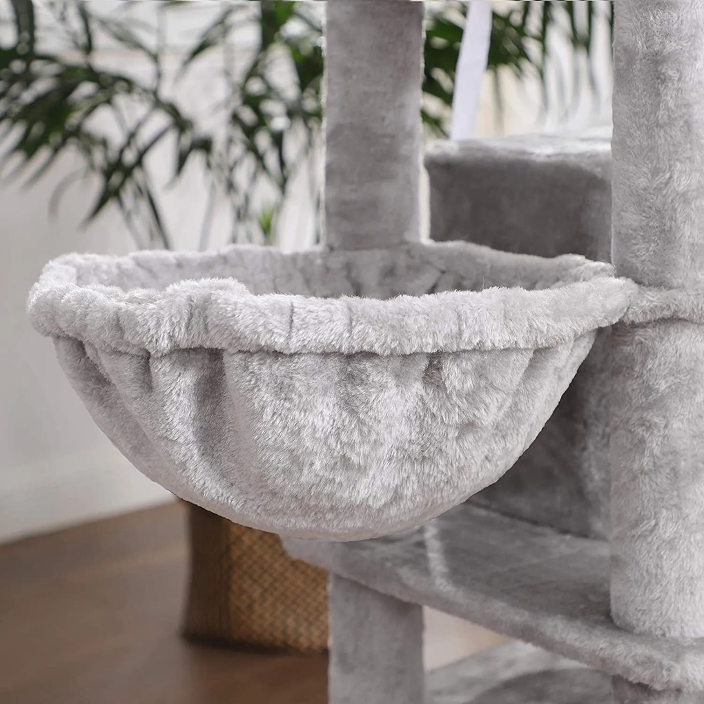 Macska kaparófa cicaházzal, pihenőkosárral, világosszürke