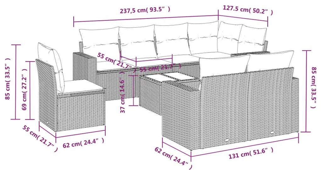 9 részes barna polyrattan kerti ülőgarnitúra párnákkal