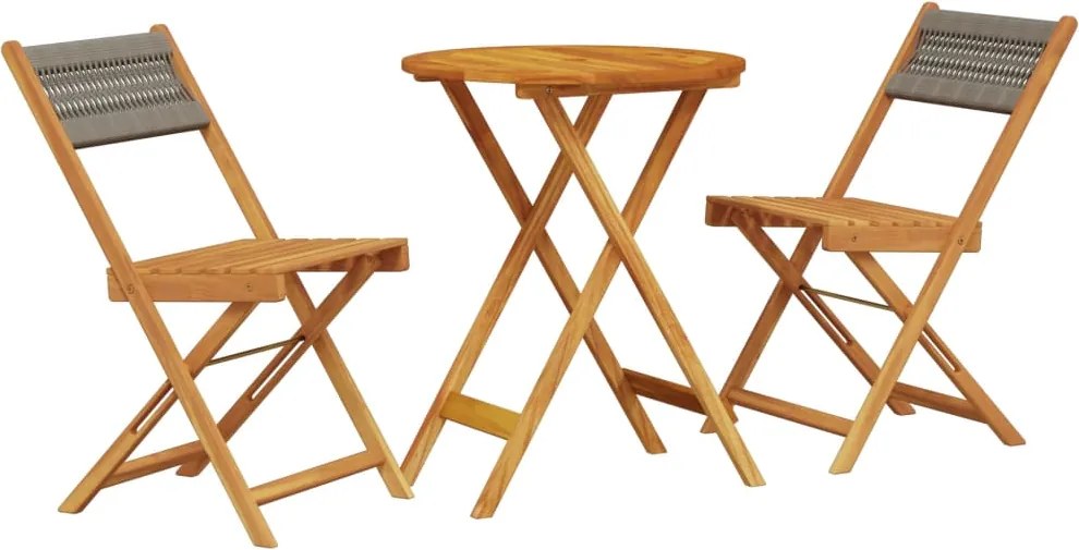 vidaXL 3 részes szürke polipropilén és tömör fa bisztrószett