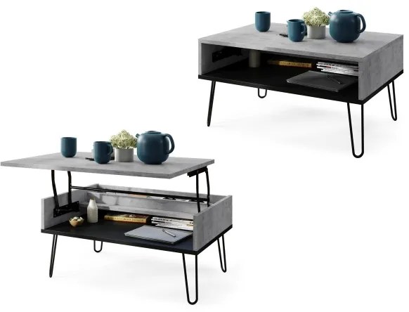 HALIJA dohányzóasztal emelhető asztallappal és polccal, szürke beton/fekete