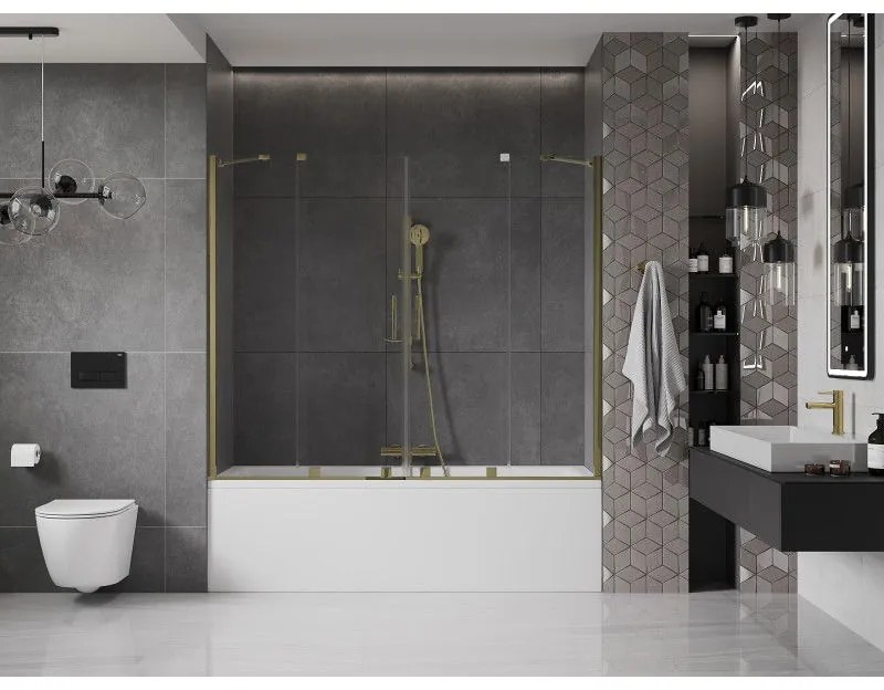 Mexen Velar Duo, 2 szárnyas eltolható kádparaván 200 x 150 cm, 8mm átlátszó üveg, arany fényes profil, 896-200-000-02-50