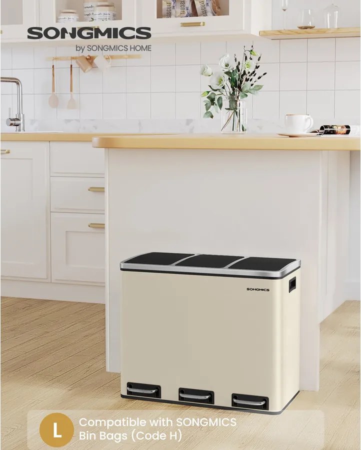 3 rekeszes konyhai szemetes, 18L, pedálos, homokbézs