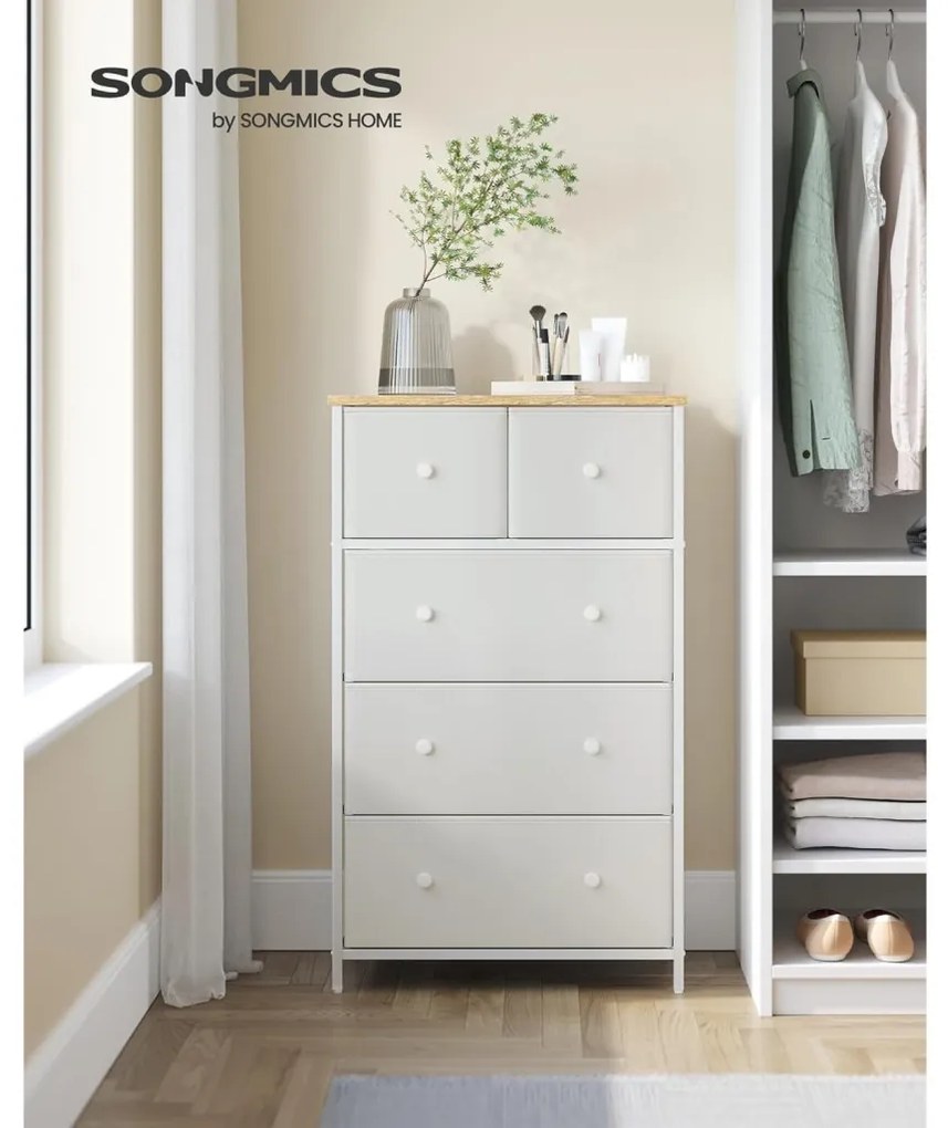 Tároló szekrény öt fiókkal, ruhás szekrény, fehér és tölgy 80x30x85cm