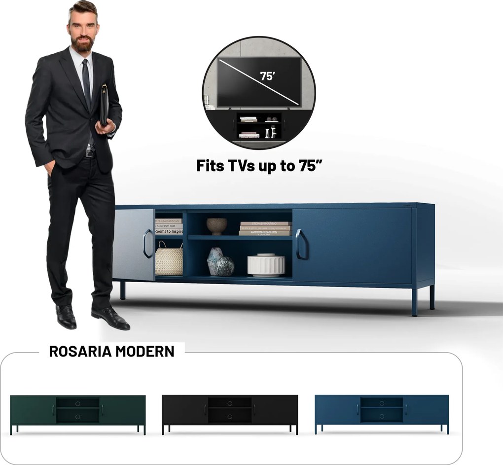 TV-szekrény fém széles XL lábakon sötétkék, 1700x400x500 mm: ROSARIA