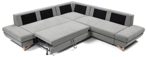 AVESTA L-alakú, kárpitozott, kihúzható sarokülőgarnitúra tárolóval, szürke