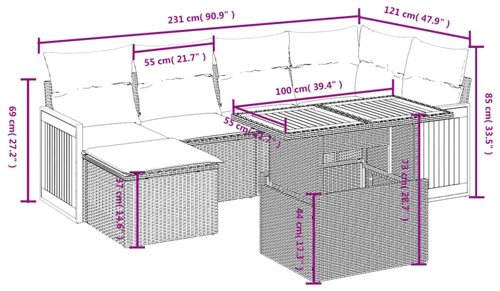 7 részes fekete polyrattan kerti ülőgarnitúra párnával