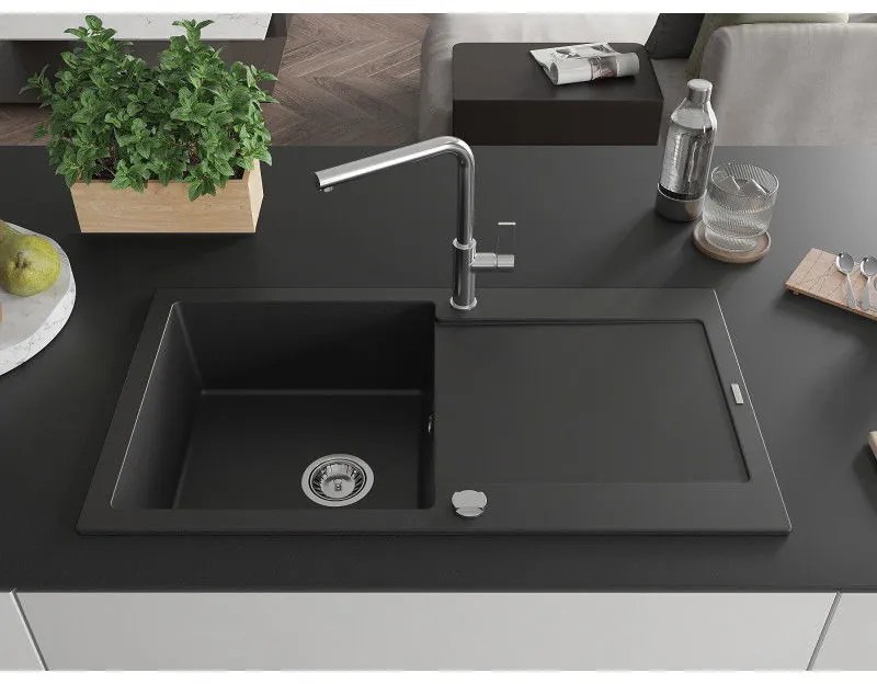 Mexen Leo, 1 kamrás gránit mosogató 900x500x190 mm és Flora mosogató csaptelep, fekete, 6501-77-670401-00