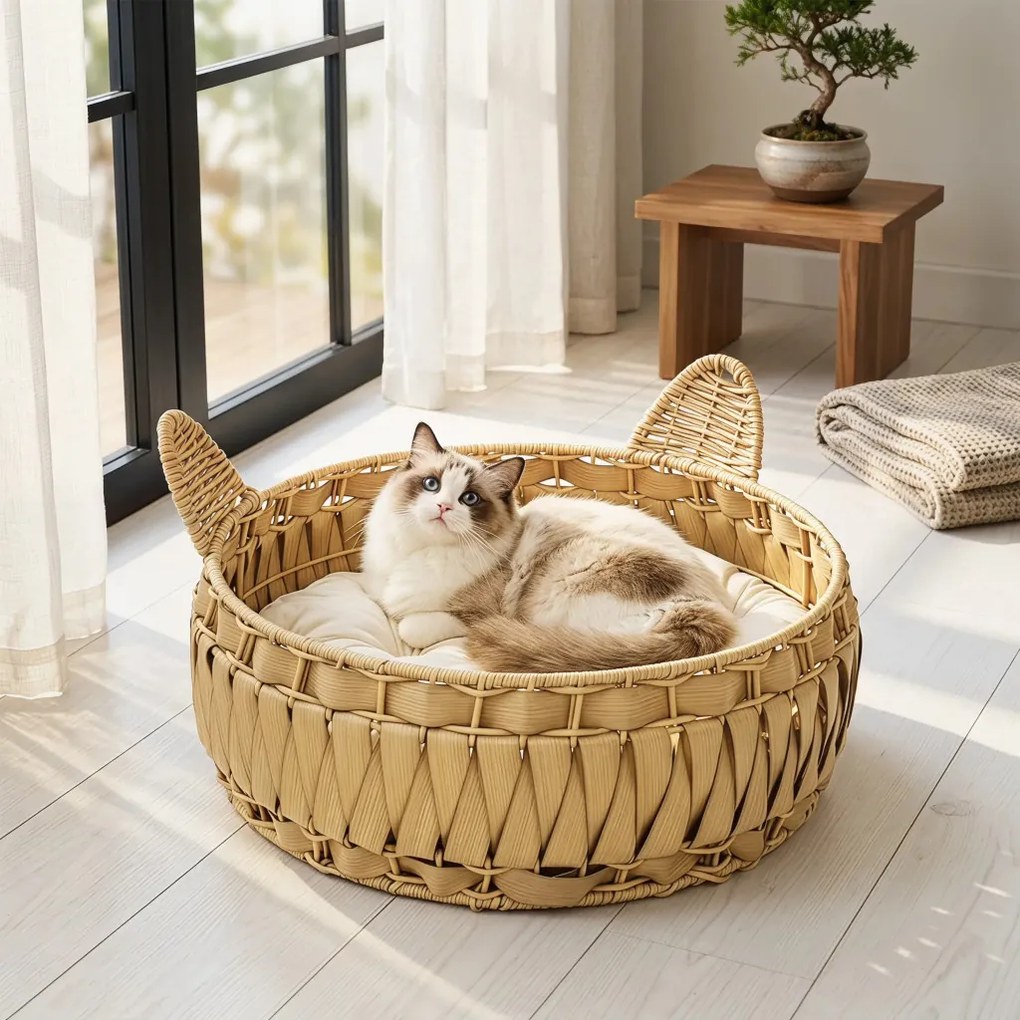 PawHut Rattan macskafekhely, macskabarlang levehető párnával, macskakosár 10 kg-ig, világosbarna
