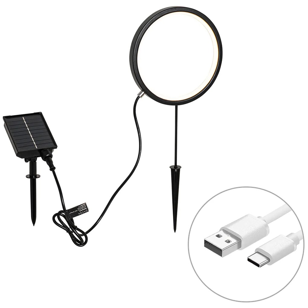 Tüskés lámpa fekete 50 cm, újratölthető és napelemes LED-del, IP65 - Adalind