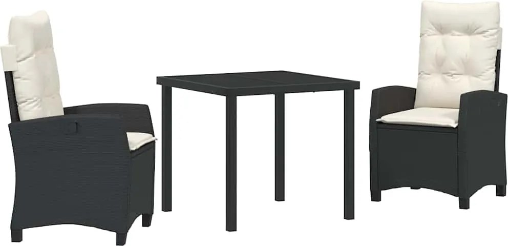 vidaXL Kert étkező szett párnával 3 pcs Fekete polirattan