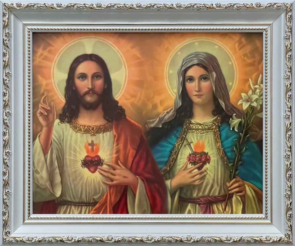 Vászonkép 26x31 Jézus És Mária Szíve Jézus Mária Fehér Díszített Keret