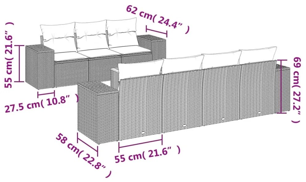 8 részes bézs polyrattan kerti ülőgarnitúra párnával