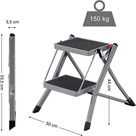 Fellépő létra, összecsukható, 2 fokos, csúszásmentes, 150 kg-ig, szürke, fekete