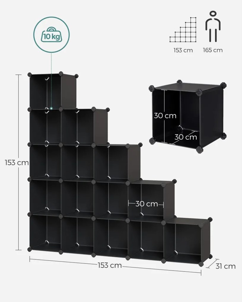 Tároló dobozok moduláris műanyag rendszerező kockák 15 db, fekete 123x31x123cm