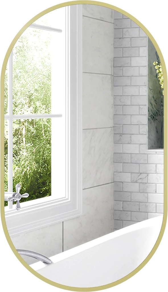 HOMCOM Ovális Fürdőszoba Tükör 40x70 cm Alumínium Kerettel Dekoratív Fali Tükör Vízszintesen vagy Függőlegesen a Nappaliba, Bejáratba, Előszobába Aran