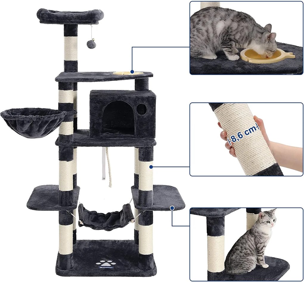 Feandrea többszintes macska kaparó etetotál, szizál borítású kaparóoszlopok, 164cm