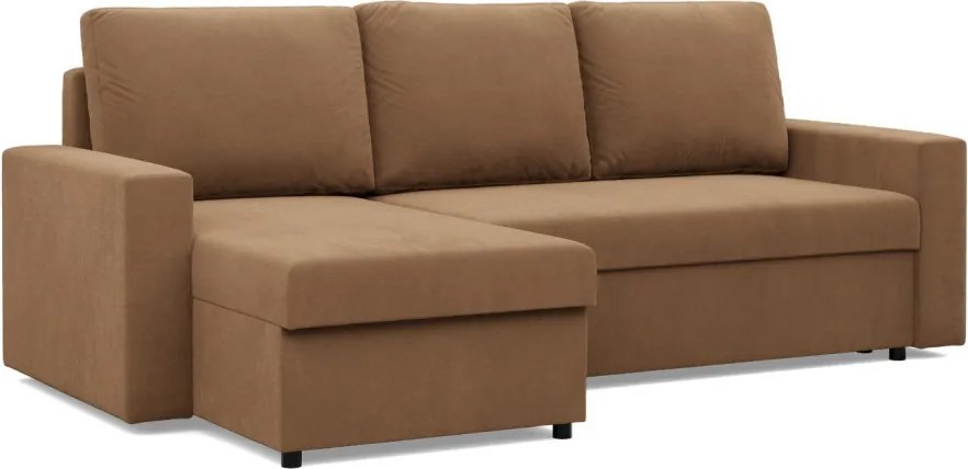 Zeus sarokkanapé, 2 ágyneműtartóval, egyenes kartámasz, szövet anyag, univerzális oldal, hab töltet, barna