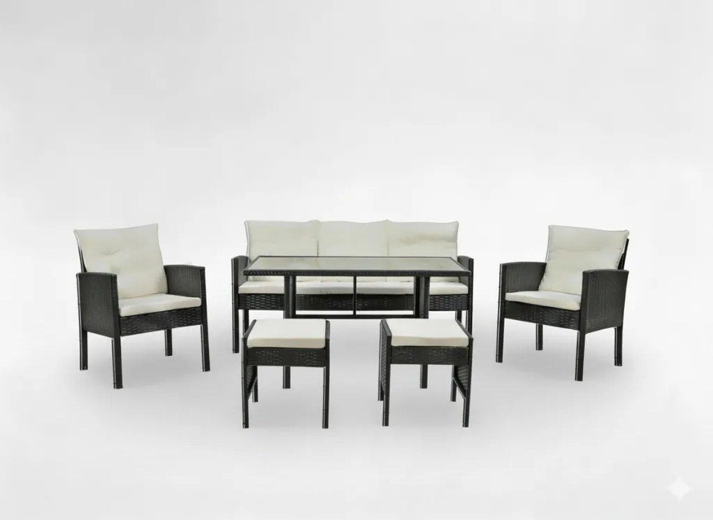 „VADUZ” RATTAN BÚTOR SZETT (KANAPÉ + 2 FOTEL + 2 PUFF + ASZTAL) FEKETE, KRÉMSZÍNŰ PÁRNÁKKAL