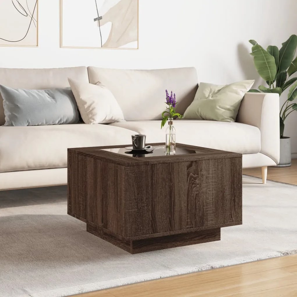 Barna tölgy szerelt fa dohányzóasztal LED-del 60 x 60 x 40 cm