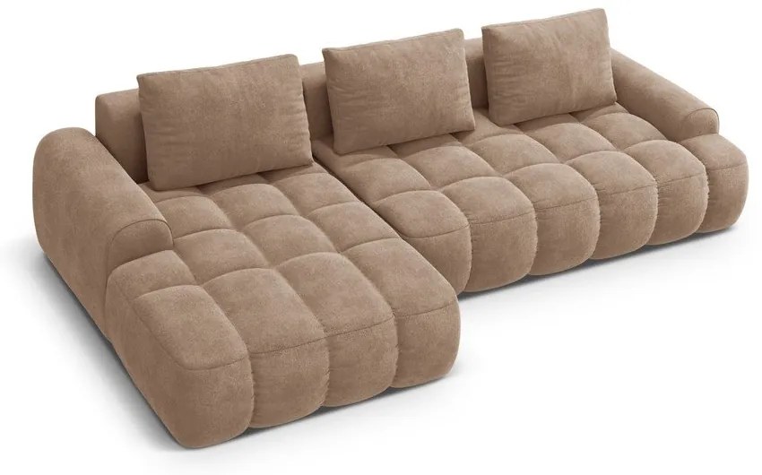 Világosbarna bársony kinyitható-tárolóhelyes sarokkanapé (bal oldali-heverő résszel) Linz – Cosmopolitan Design