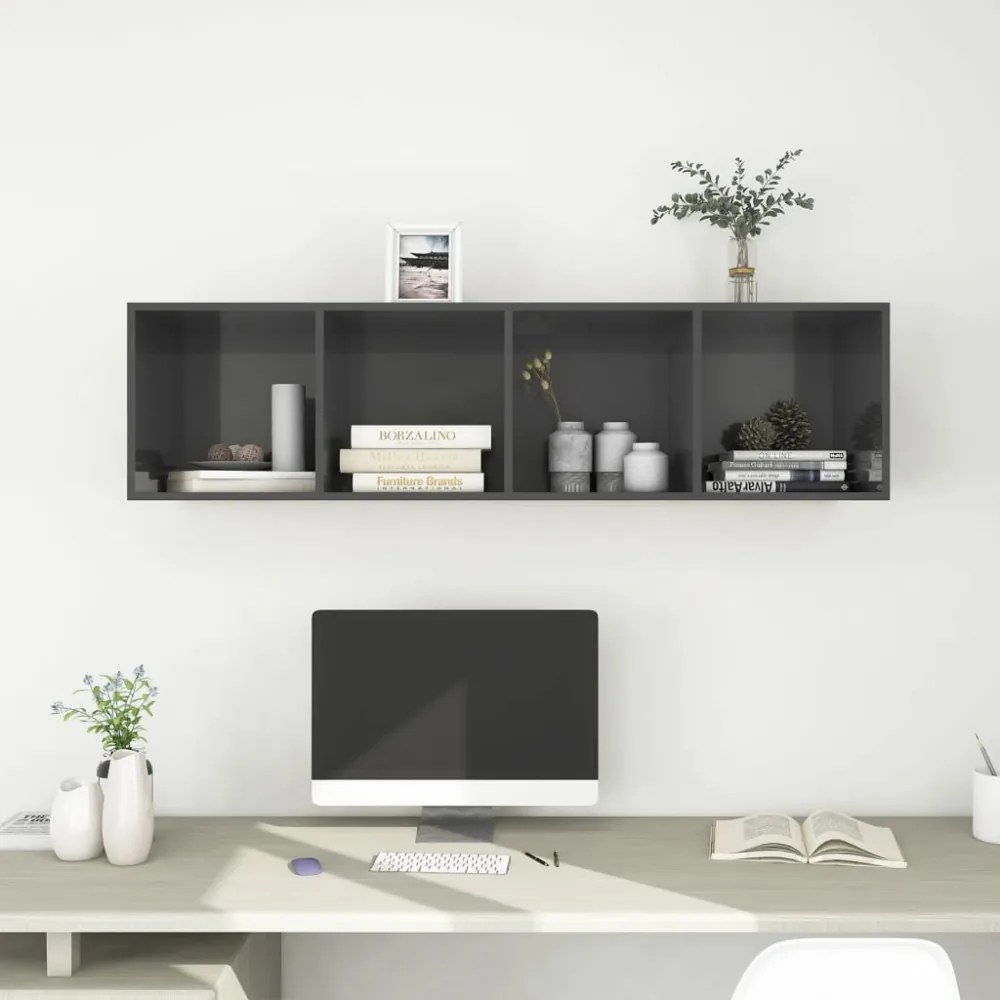 magasfényű szürke szerelt fa fali TV-szekrény 37x37x142,5 cm