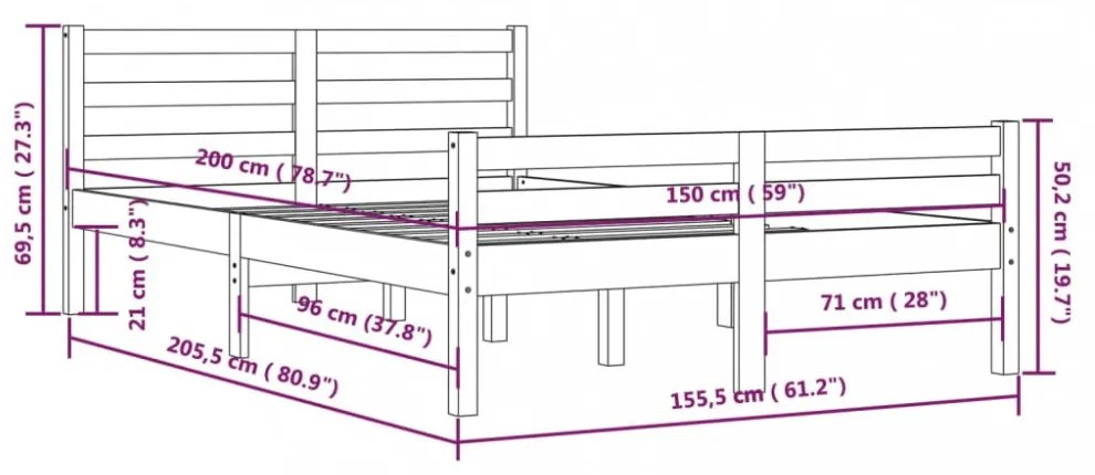 King Size szürke tömör fa ágykeret 150 x 200 cm