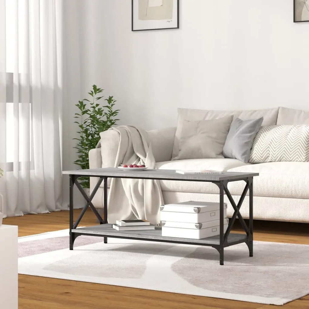 Szürke sonoma szerelt fa és vas dohányzóasztal 100 x 45 x 45 cm