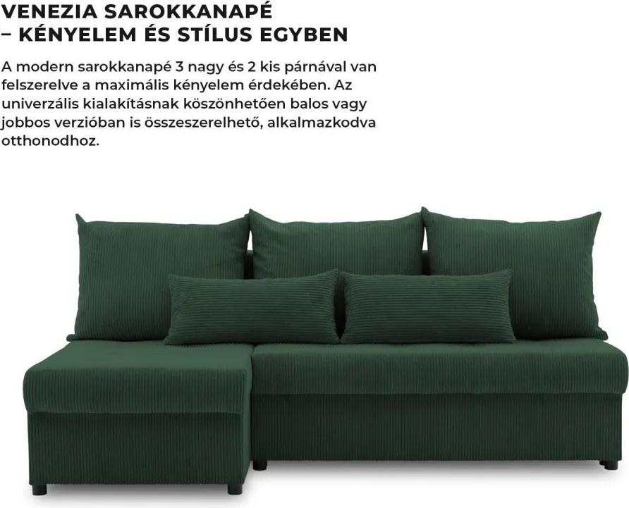 Venezia sarokkanapé, kordbársony, univerzális oldal, bonell töltet, zöld