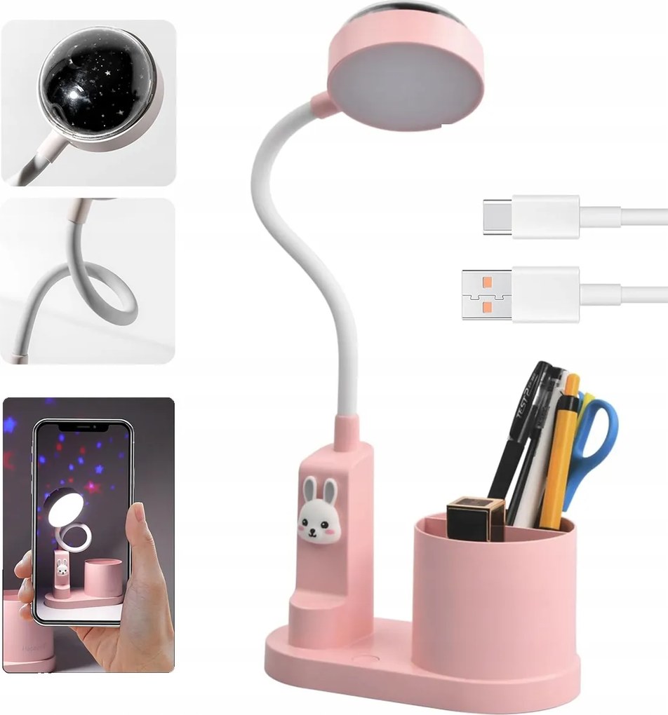 LED-es asztali lámpa csillag projektorral és rendszerezővel – aranyos nyuszi