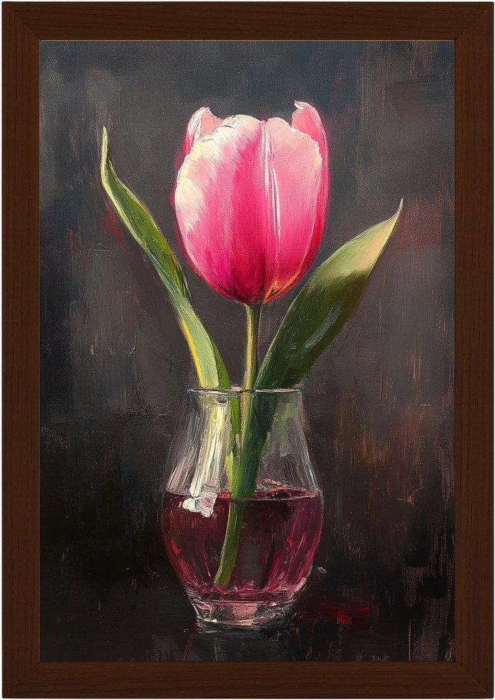 Poszter Keret Fa Olaj Dekoráció Természet Virág Rózsaszín Tulipán 40x60