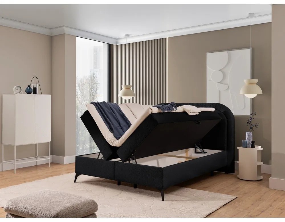 Fekete ágyneműtartós boxspring ágy 200x200 cm Ornes – Ropez