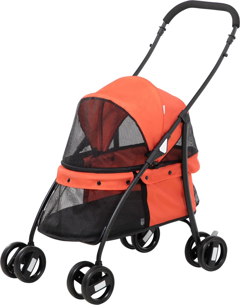 PawHut Összecsukható Kisállat Babakocsi Kicsi Kutyáknak Hálós Ablakokkal Mosható Párnával Biztonsági Övekkel Acél Váz 15 kg-ig Piros | Aosom