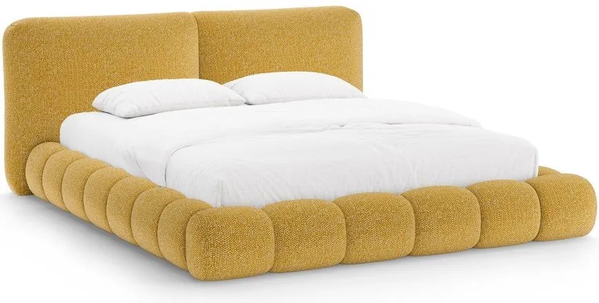 Mustársárga kárpitozott ágyneműtartós franciaágy ágyráccsal 180x200 cm Solange – Micadoni