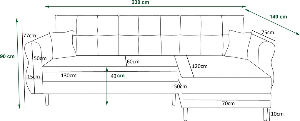 Kinyitható, kétoldalas L-alakú kanapé SILVIANO 230x140 cm, szürke