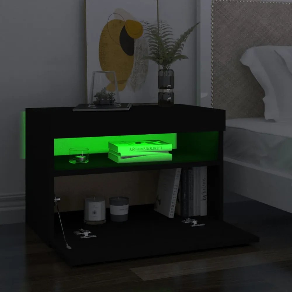 2 db fekete éjjeliszekrény LED-lámpákkal 60x35x40 cm szerelt fa