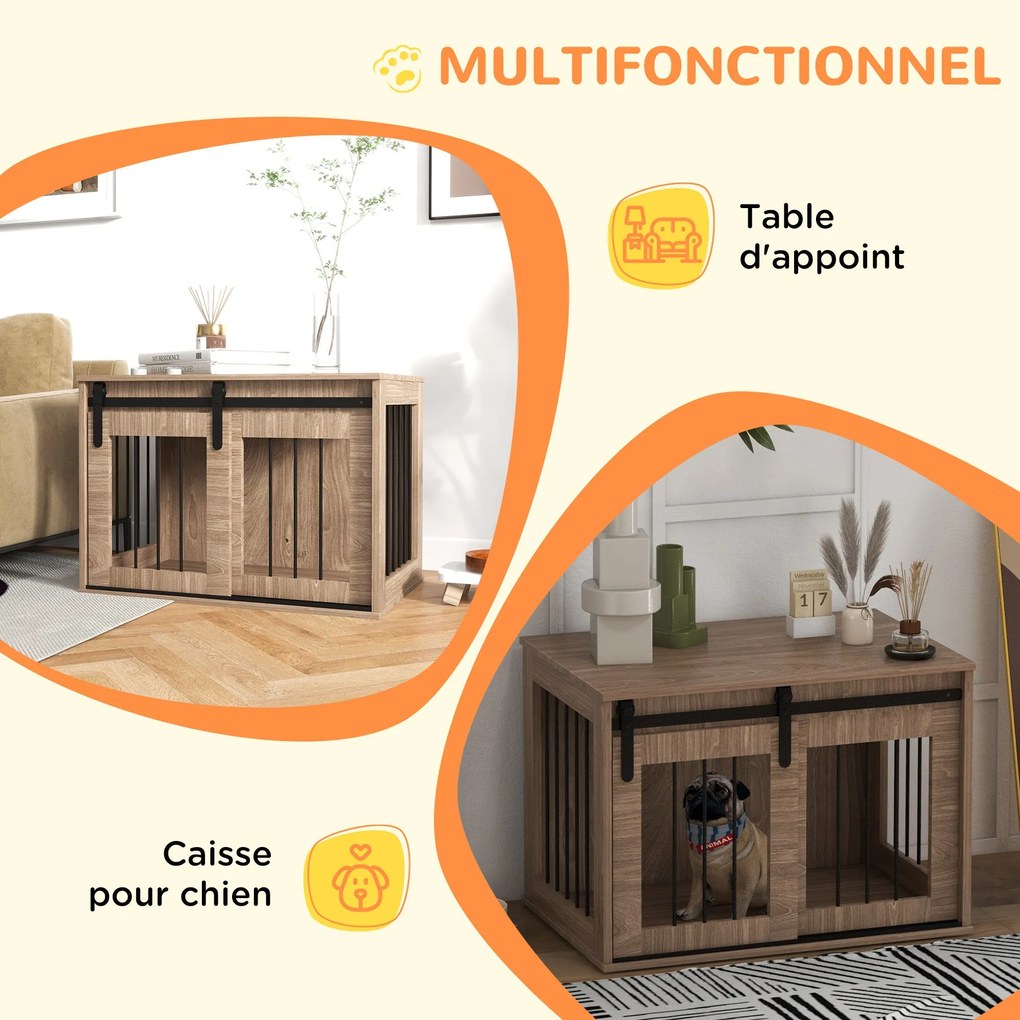 PawHut Kutya kennel beltéri állatoknak 1 csúszóajtóval, oldalasztallal, fém fából készült hatással, mérete: 57H x 80L x 54W cm | Aosom