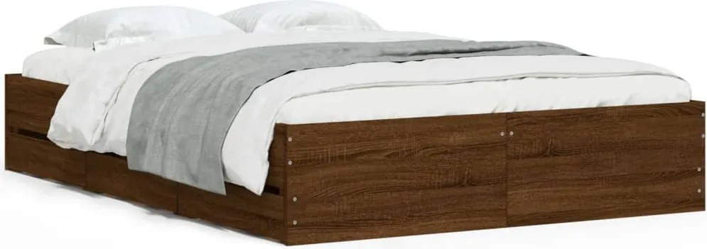 vidaXL barna tölgyszínű szerelt fa ágykeret fiókokkal 135 x 190 cm