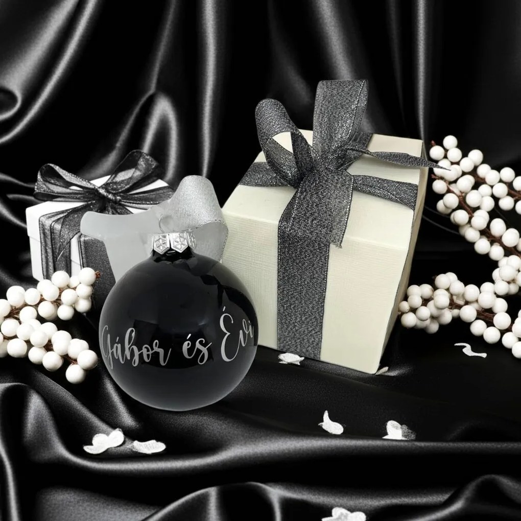 Fényes fekete üveggömb egyedi felirattal 8cm