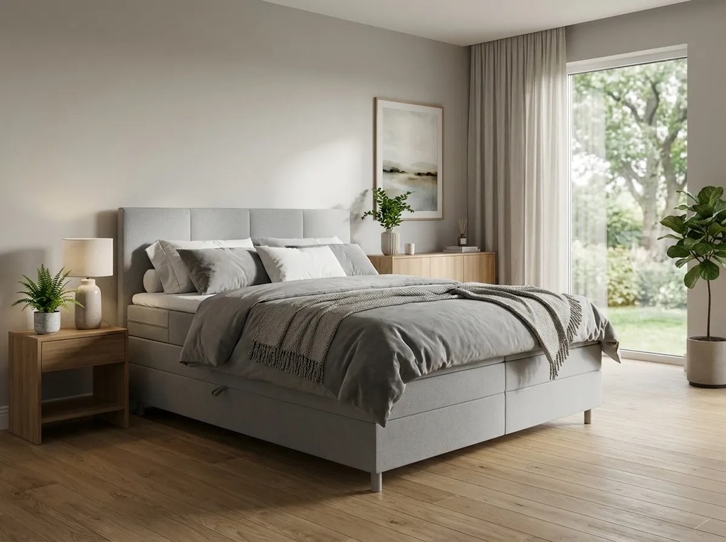Kárpitozott boxspring ágy CARINA 160x200 cm világosszürke Matrac: Bonell rugós matrac