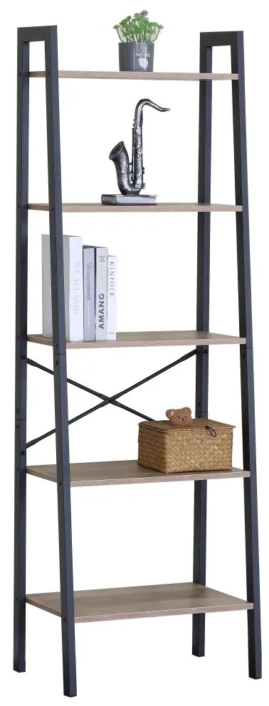 KÉSZLETKISÖPRÉS! Intenso Home 5 szintes nyitott könyvespolc / virágállvány 56 x 172cm, döntött design, modern tölgy szín | Univerzális tároló állvány fém lábakkal