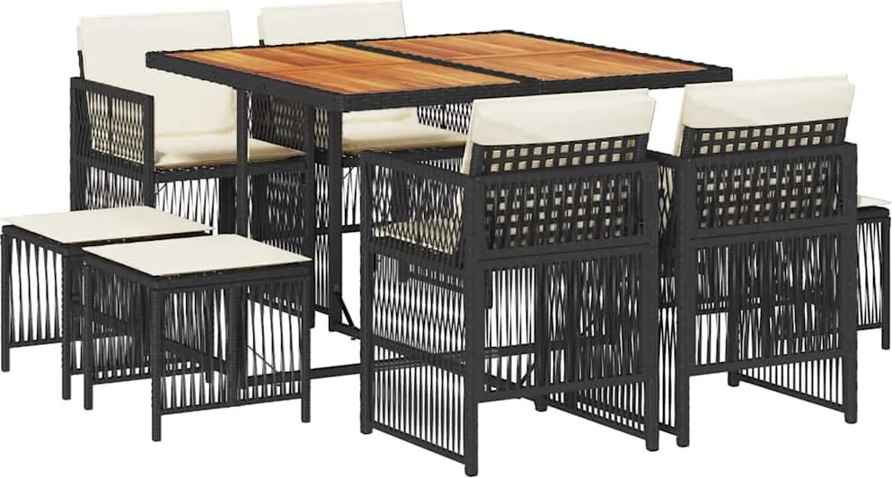 vidaXL 9 részes fekete polyrattan kerti étkezőgarnitúra párnákkal