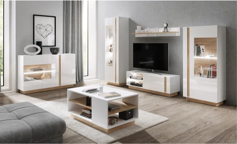 Szekrény, fehér/tölgy grandson/magasfényű fehér, CITY