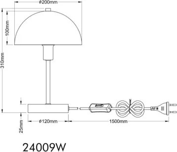 Globo 24009W Asztali lámpa, matt fehér fém, fehér PVC kábel, billenőkapcsoló a kábelen, ø: 200mm, M: 310mm, kábelhossz 1500mm, 1x E14 40W 230V izzó nélkül