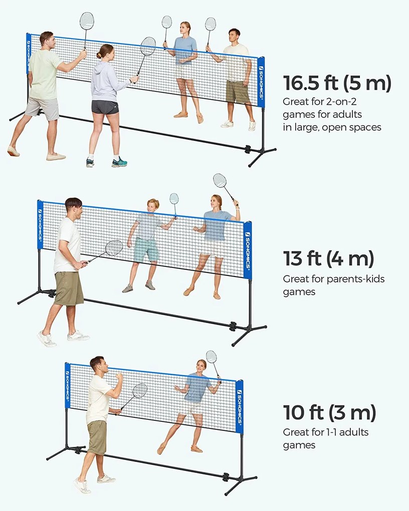 Tollaslabda háló hordozható állvánnyal állítható magasságú 5x1,5 m, kék