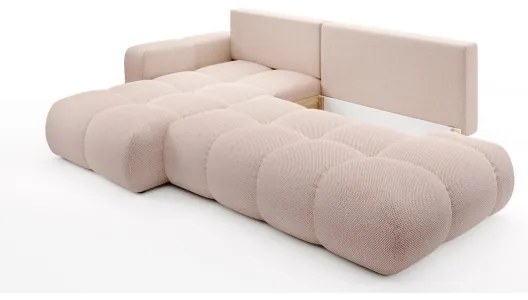 ALMADA L-alakú balos, kárpitozott, kihúzható sarokülőgarnitúra tárolóhellyel, rózsaszín