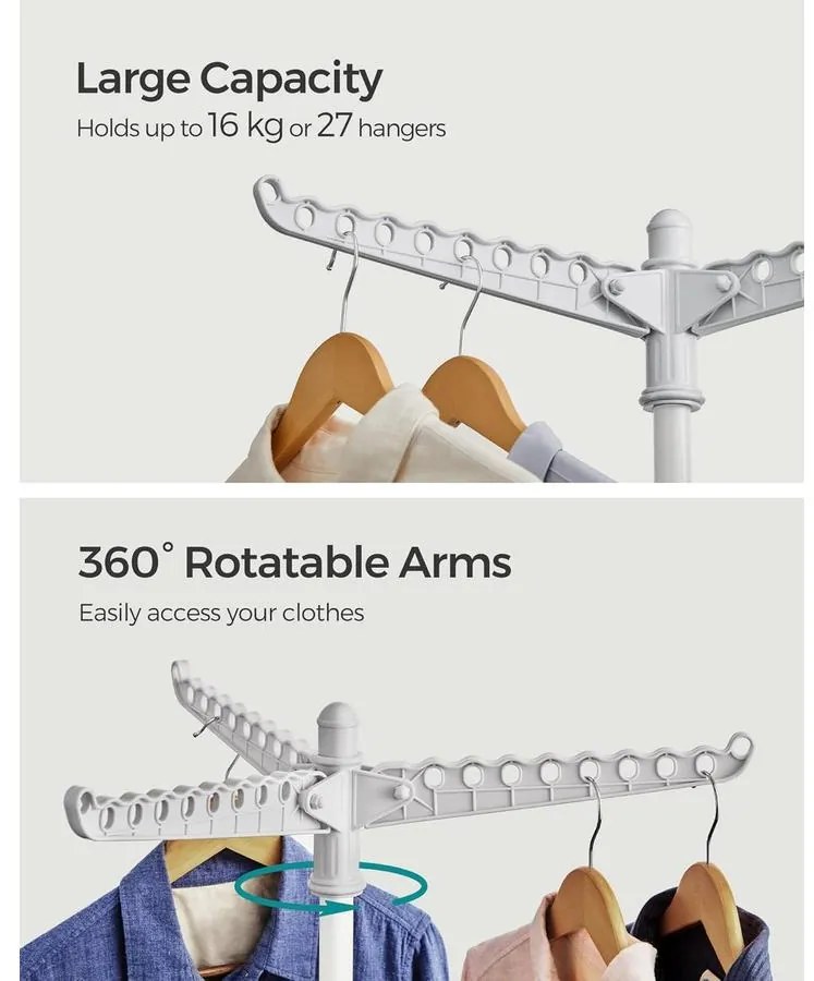 Ruhaszárító állvány, 3 forgatható karral vállfák számára 150 cm magas, szürke és fehér színben